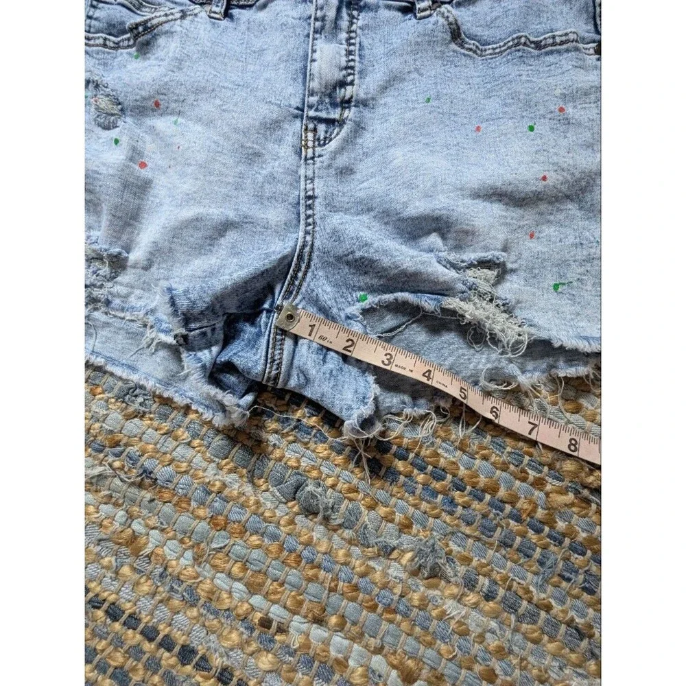 Light Wash High Rise Distressed Paint Splatter Denim Shorts 14 Y2K Festival Indi
